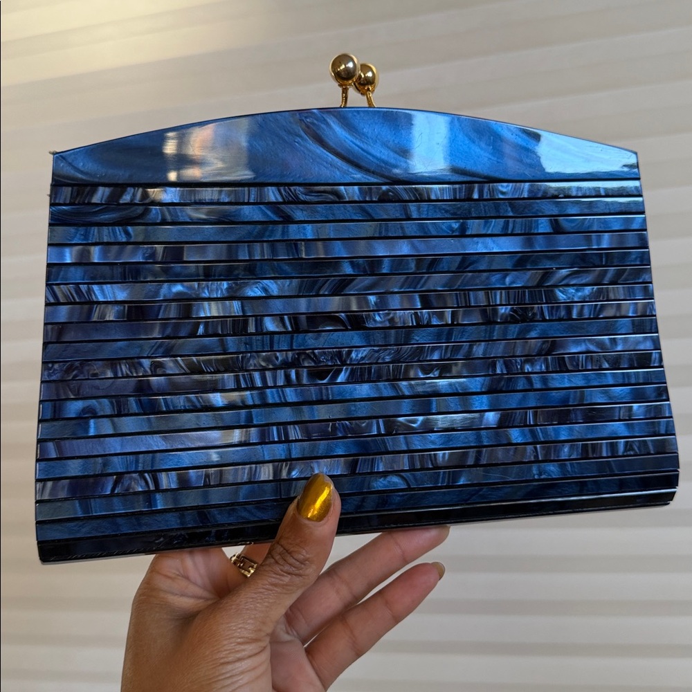 Vintage Blue Lucite Clutch Mother of Pearl Effect Hard Case Evening Bag - Picture 6 of 15
